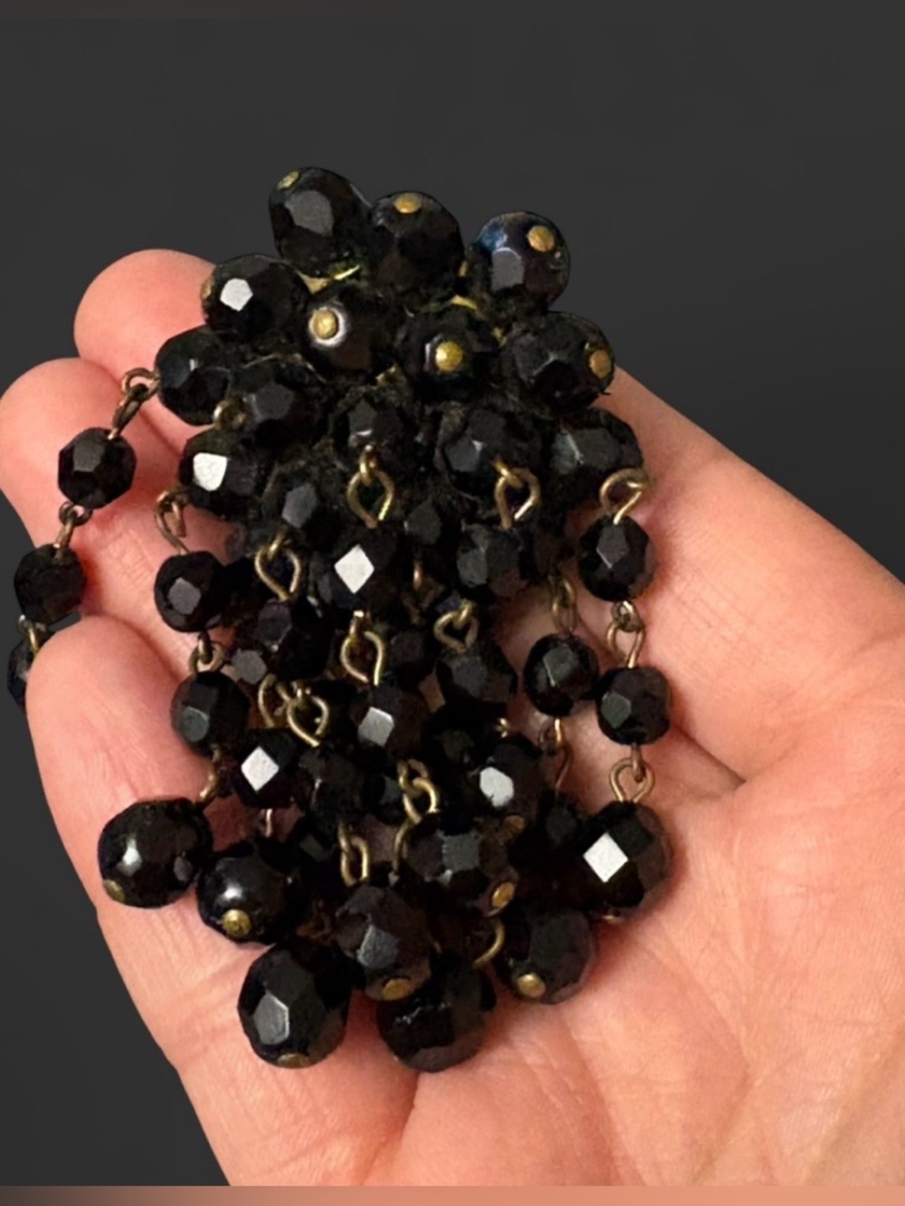 Vintage Black Faceted Glass Bead Cluster Brooch  | Mourning Style Fringe Dangle